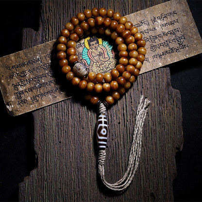Pulsera tibetana de 108 cuentas Mala de hueso de yak con tres ojos de Dzi y piedras de Buda para alejar los malos espíritus.