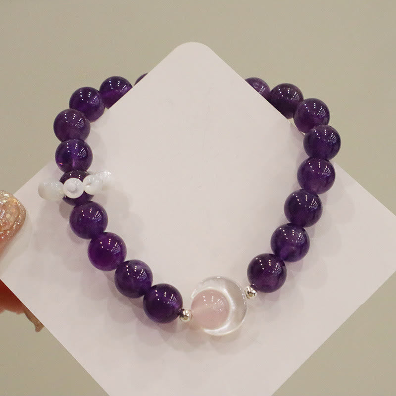 Pulsera de plata de ley 925 con amatista natural, aguamarina y cristal rosa, ojo de gato y luna creciente curativa. 