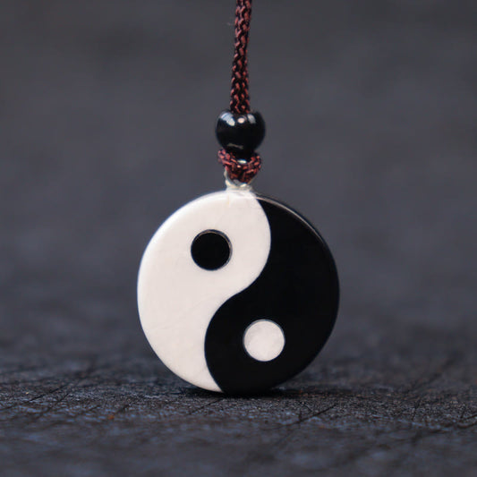 Buddha Stones Natural Black Obsidian White Turquoise Yin Yang Fulfilment Strength Necklace Pendant