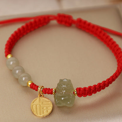 Buddha Stones Year of the Dragon 925 Sterling Silver Hetian Jade Fu Character Luck Bracelet