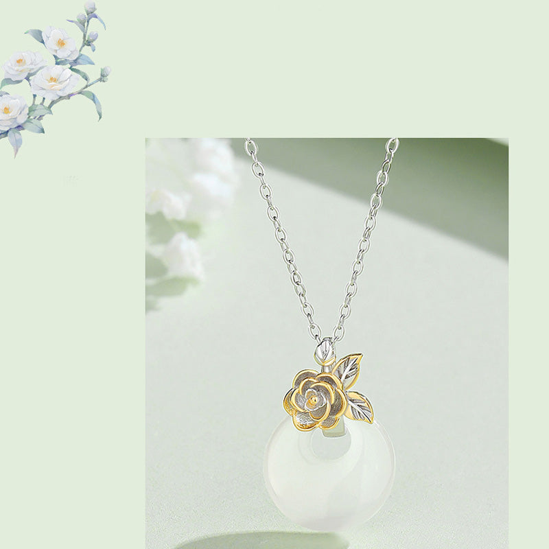 Collar con colgante de flor de armonía de doce meses de calcedonia redonda de plata de ley 925 con piedras de Buda 