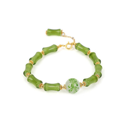 Pulsera de cadena de riqueza con ágata musgosa y cristal de Liuli con diseño de bambú verde y piedras de Buda