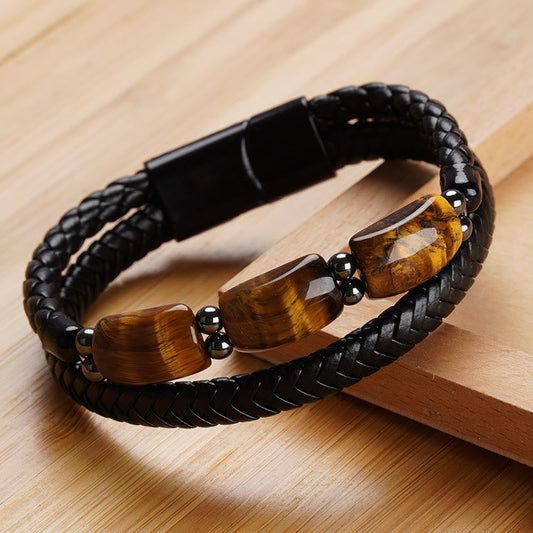 Pulsera de cuero con hebilla magnética y protección de fuerza de voluntad con ojo de tigre natural y piedras de Buda