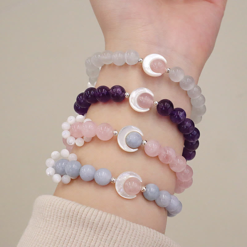 Pulsera de plata de ley 925 con amatista natural, aguamarina y cristal rosa, ojo de gato y luna creciente curativa. 
