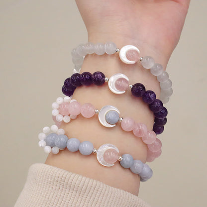 Pulsera de plata de ley 925 con amatista natural, aguamarina y cristal rosa, ojo de gato y luna creciente curativa. 