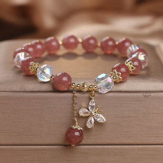 Buddha Stones Natürlicher Erdbeerquarz Liebe Heilung Schmetterling Charm Armband 