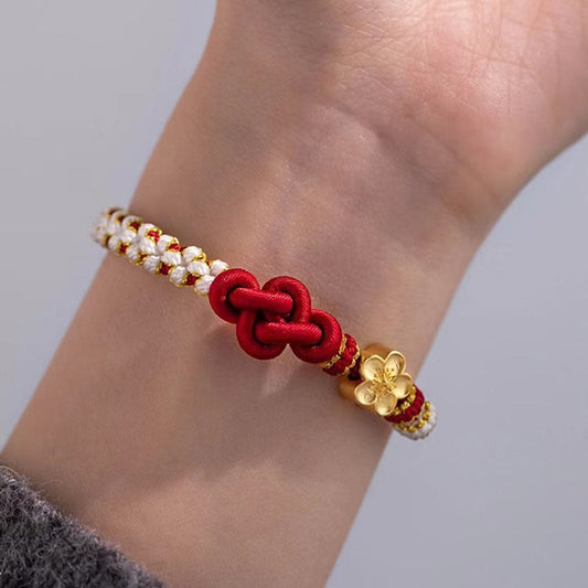 Pulsera de cuerda de la suerte con amuleto de flor de durazno y nudo de amor verdadero hecha a mano con piedras de Buda 
