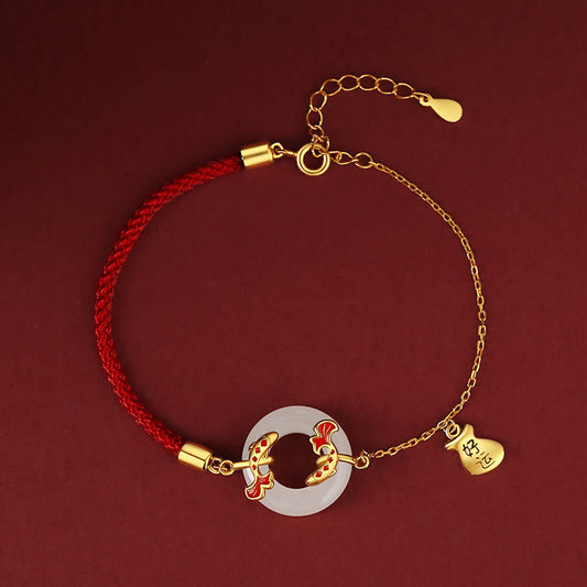 Buddha Stones 999 Sterling Silber Hetian Weiße Jade Doppel Koi Fisch Friedensschnalle Glücksbringer Reichtum Armband