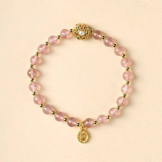 Pulsera con dijes positivos de Buda, cuarzo fresa natural labradorita, piedra solar, carácter Fu, chapada en oro de 14 quilates 