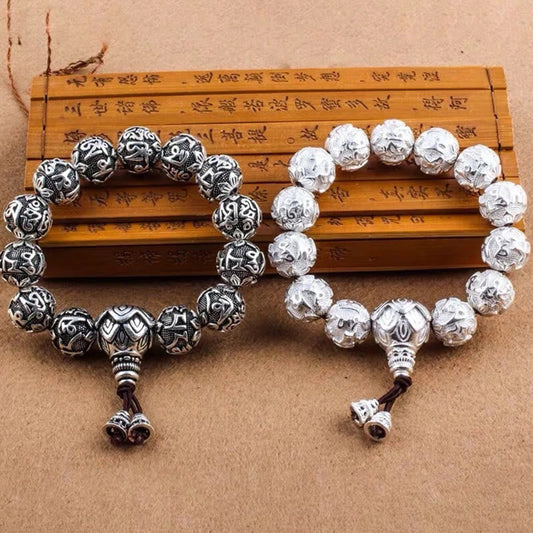 Pulsera amuleto tibetano Om Mani Padme Hum con cuentas de aleación talladas y piedras de Buda