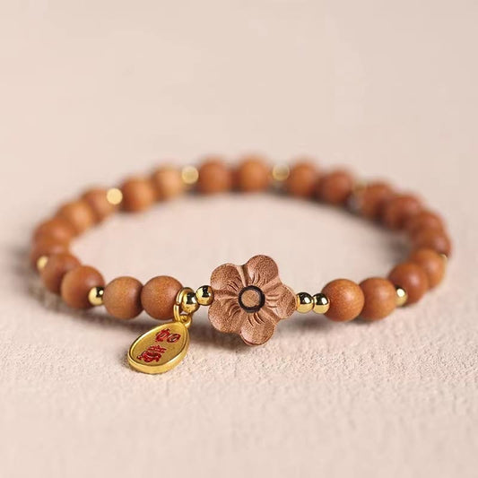 Pulsera de protección con dijes de Ruyi de sándalo rojo, hojas pequeñas y flor de melocotón de sándalo natural y piedras de Buda