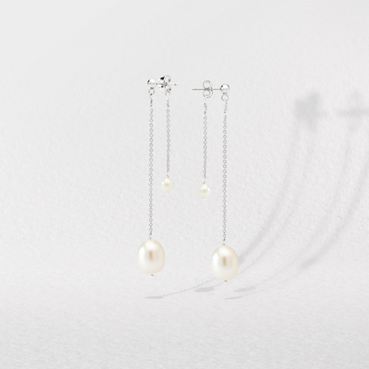 Solid White Gold Layered Large and Small Pearl Earrings