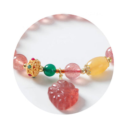 Buddha Stones Natural Strawberry Quartz Nine-Tailed Fox Healing Bracelet