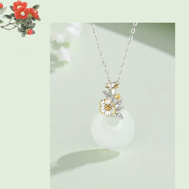 Collar con colgante de flor de armonía de doce meses de calcedonia redonda de plata de ley 925 con piedras de Buda 