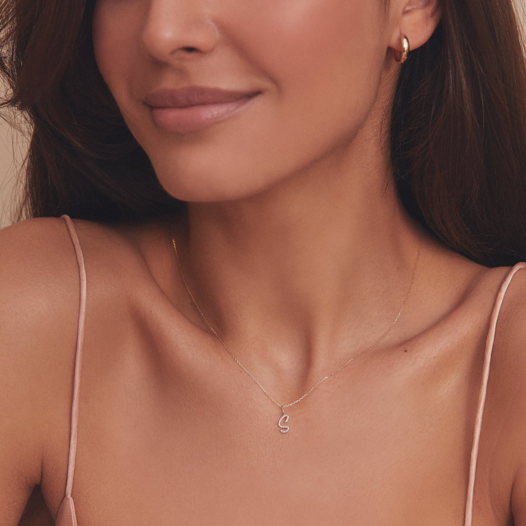 Silver Diamond Style Curve Initial Letter Necklace