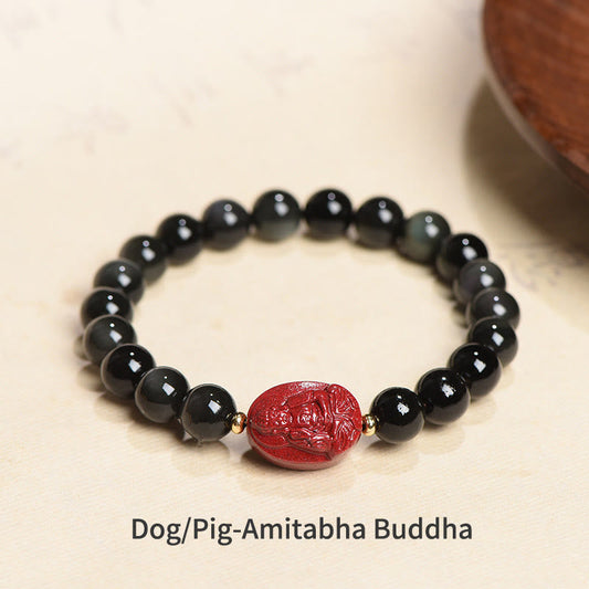 Pulsera purificadora de cinabrio y obsidiana negra natural con piedras de Buda del zodíaco chino
