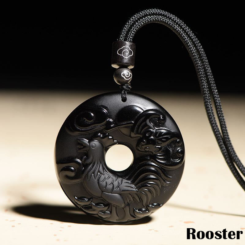 Collar con colgante de obsidiana negra natural con piedras de Buda y hebilla de fuerza del zodiaco chino