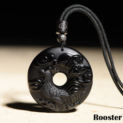Collar con colgante de obsidiana negra natural con piedras de Buda y hebilla de fuerza del zodiaco chino