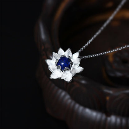 Collar con colgante de flor de loto y lazurita de plata de ley 925 con piedras de Buda para el autocuidado