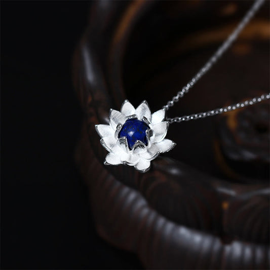 Collar con colgante de flor de loto y lazurita de plata de ley 925 con piedras de Buda para el autocuidado