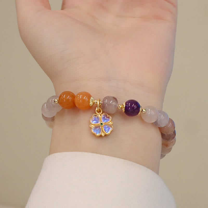 Pulsera de cuentas de Buda con cuentas de jade, seda dorada y morada natural, con flor violeta y dije de riqueza 