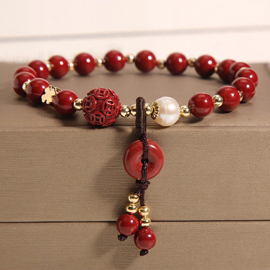 Pulsera de bendición con dije de moneda de cobre y hebilla de paz de cinabrio natural de Buda