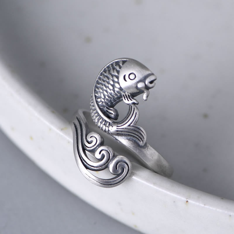 Anillo de plata de ley 925 con piedras de Buda y pez koi, con ondas de agua, para la suerte y la riqueza. 