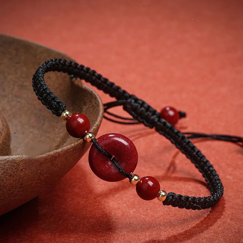Buddha Stones Natürliches Zinnober-Armband mit Friedensschnalle und Segensschnur 