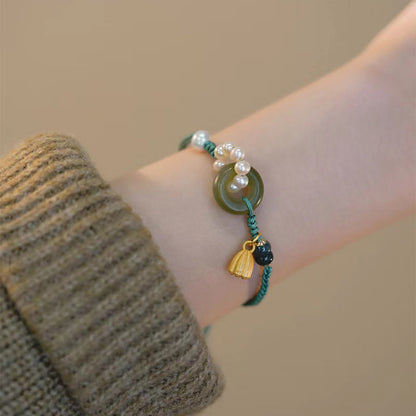 Buddha Stones Natürliche Hetian Jade Peace Buckle Pearl Luck Handgefertigtes geflochtenes Armband