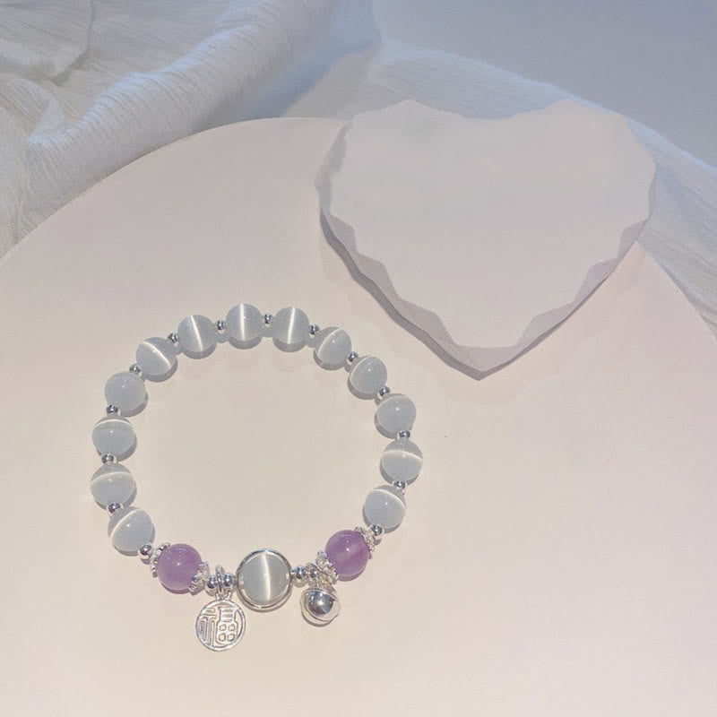 Pulsera de soporte con dije de campana con carácter Fu de amatista y ojo de gato de piedras de Buda