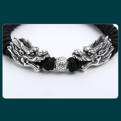 Buddha Stones 999 Sterling Silber Doppeldrache Glück Handgefertigtes geflochtenes Armband