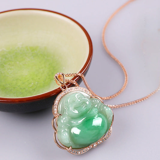 Collar con colgante de Buda sonriente de jade natural y cadena de plata de ley 925 para la prosperidad