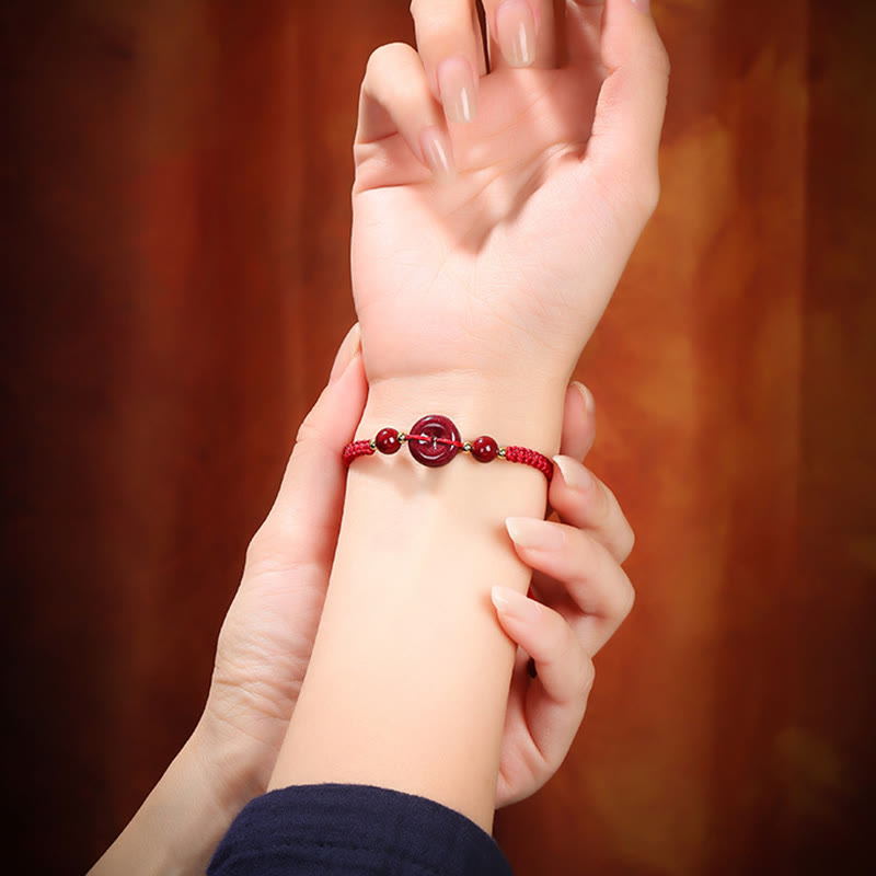 Buddha Stones Natürliches Zinnober-Armband mit Friedensschnalle und Segensschnur 