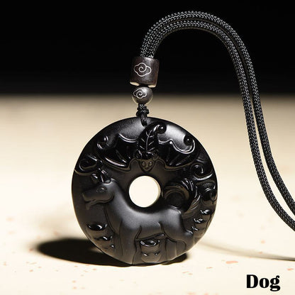 Collar con colgante de obsidiana negra natural con piedras de Buda y hebilla de fuerza del zodiaco chino