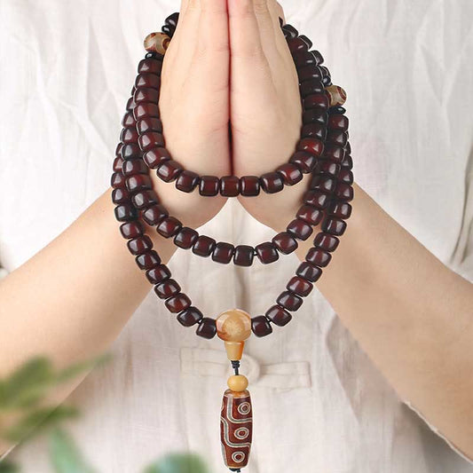 Pulsera de jade de la suerte con 108 cuentas Mala, cuentas Dzi de tres ojos y cuentas Dzi de nueve ojos.