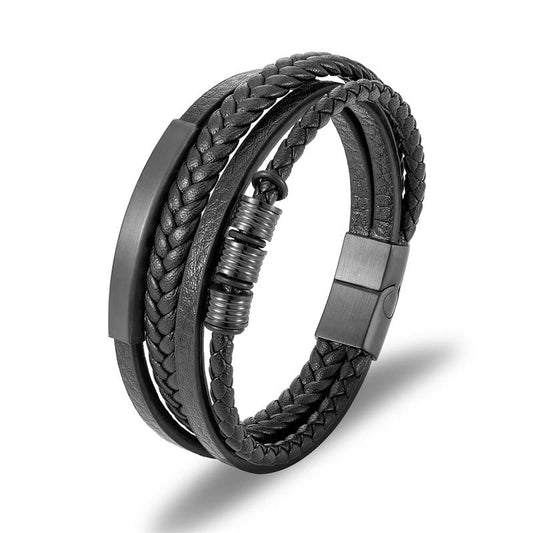 Buddha Stones Lederarmband, mehrschichtig, Titanstahl, geflochten, mit Magnetschnalle