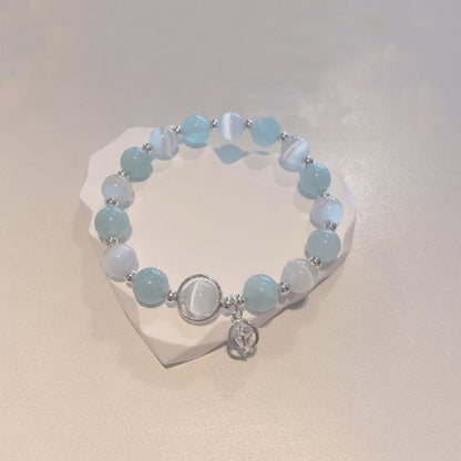 Pulsera con dije de ojo de gato y aguamarina de plata de ley 925 con piedras de Buda
