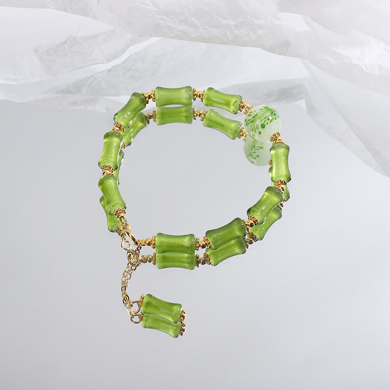 Pulsera de cadena de riqueza con ágata musgosa y cristal de Liuli con diseño de bambú verde y piedras de Buda