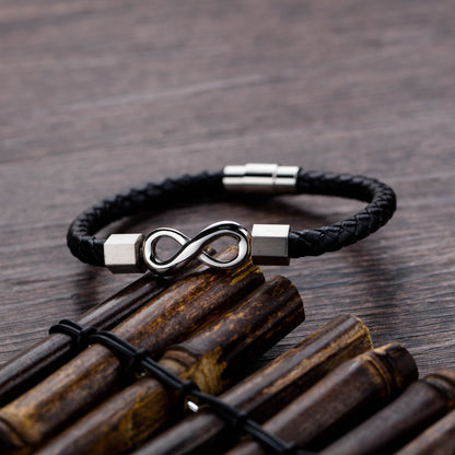 Pulsera de equilibrio con nudo infinito de piedras de Buda, acero de titanio y cuero trenzado.