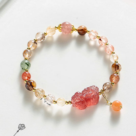 Pulsera de la riqueza PiXiu de cuarzo rutilado natural con piedras de Buda y cuarzo fresa 