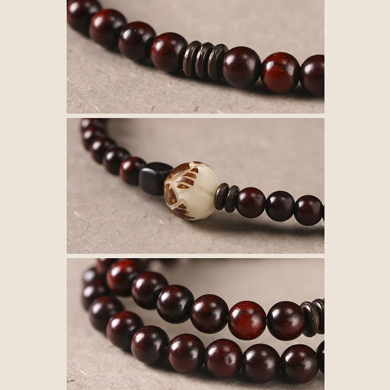 Pulsera de doble vuelta con protección tallada con semillas de bodhi de loto y sándalo rojo y hojas pequeñas de Buda