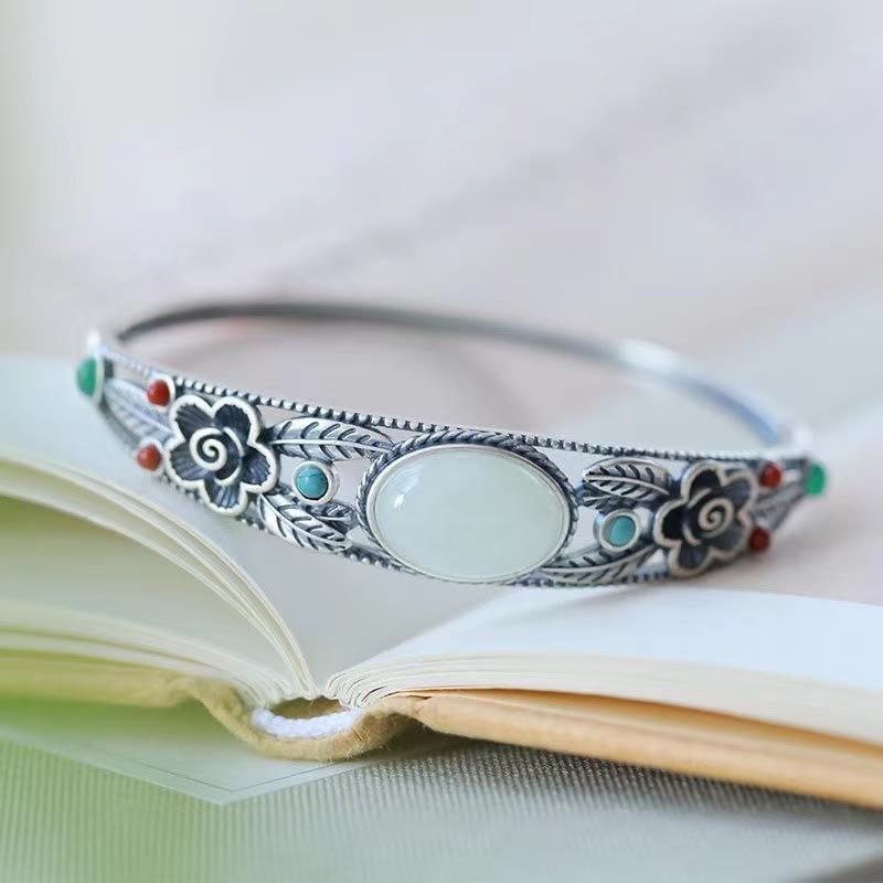 Pulsera de la suerte con piedras de Buda, jade cian, jade blanco, flor y hoja