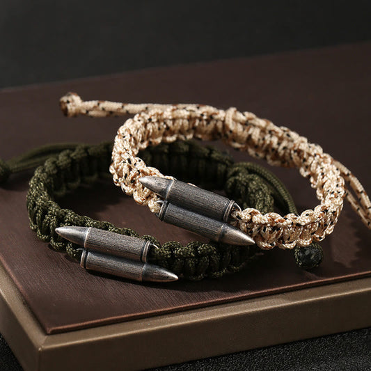 Pulsera de cuerda trenzada con diseño de bala de plata de ley 925 con piedras de Buda 