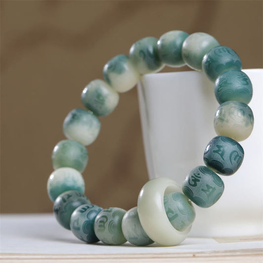 Armband mit Buddha-Steinen und Bodhi-Samen „Om Mani Padme Hum“ mit Gravur „Halte böse Geister fern“ 
