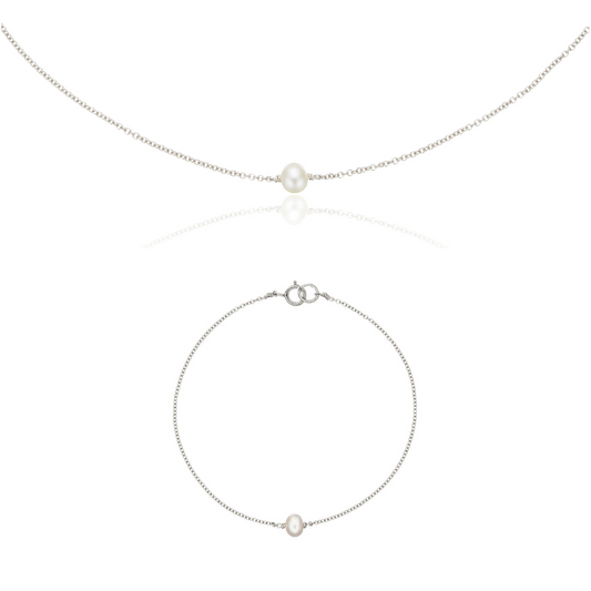 Geschenkset aus silbernem Collier und Armband mit einer Perle