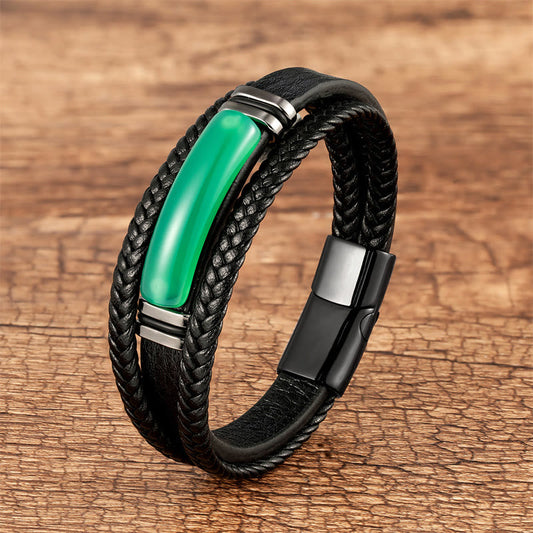 Pulsera de cuero trenzado multicapa con piedra natural de ágata verde y piedras de Buda