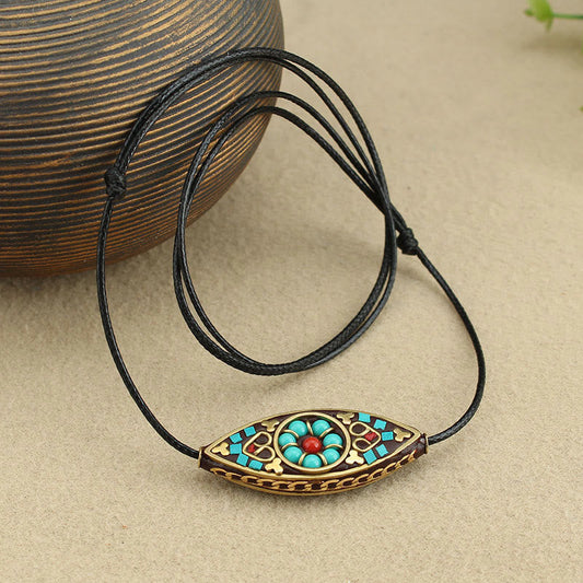 Buddha Stones Tibet Türkis Perle Marquise Muster Schutz Stärke Halskette Anhänger