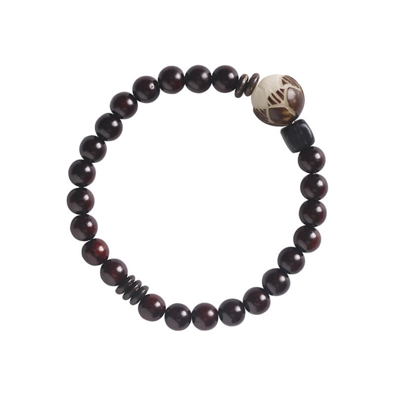Pulsera de doble vuelta con protección tallada con semillas de bodhi de loto y sándalo rojo y hojas pequeñas de Buda