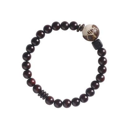 Pulsera de doble vuelta con protección tallada con semillas de bodhi de loto y sándalo rojo y hojas pequeñas de Buda