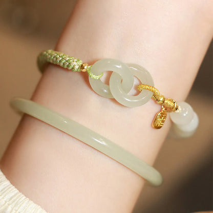 Pulsera trenzada con cuentas de jade hetiano natural de Buda y doble hebilla de paz con carácter Fu 